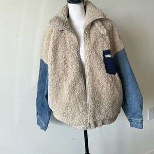 Cozy Beige and Blue Sherpa Jacket